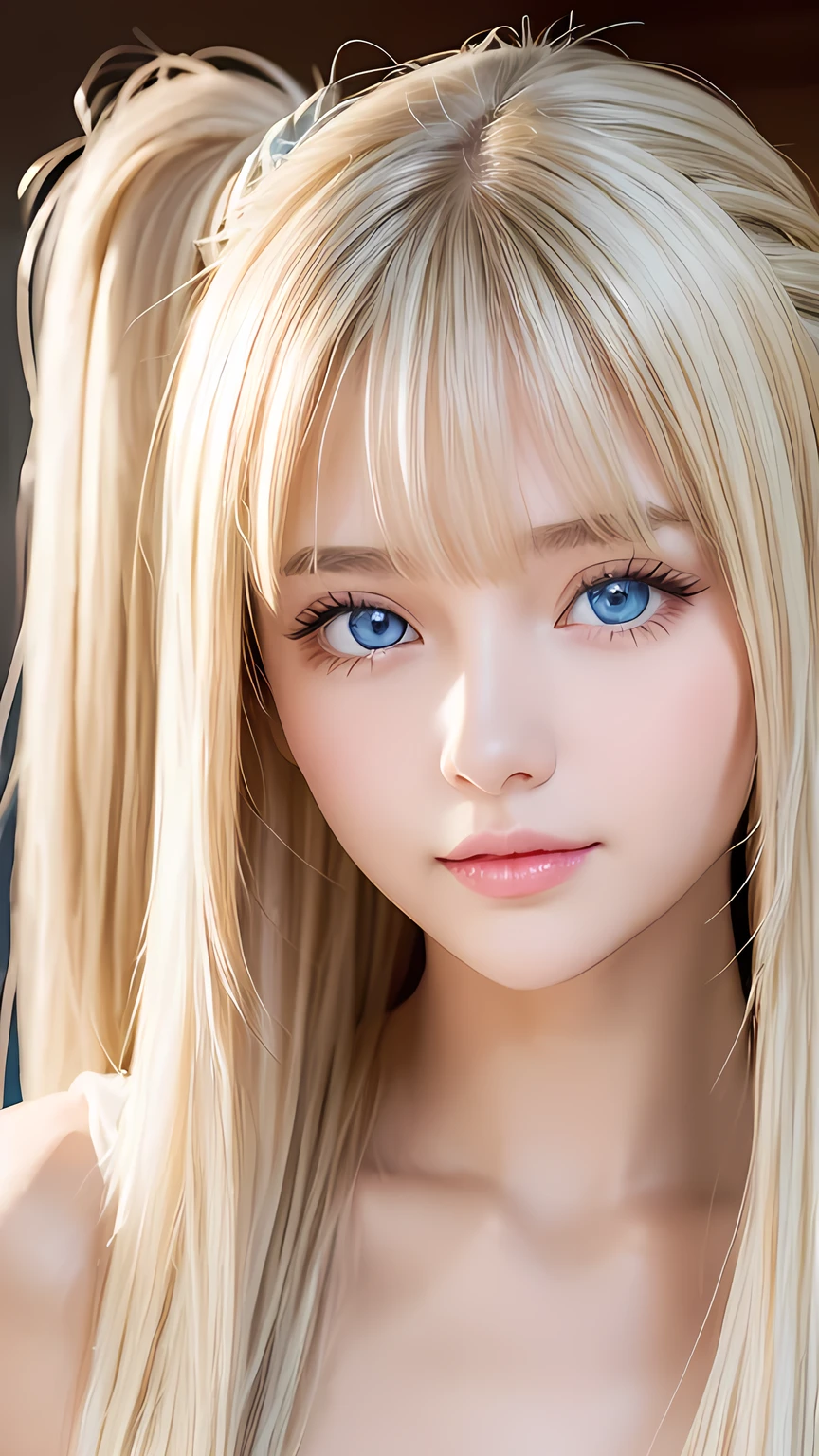 Portrait、、Bright expression、ponytail、Young, lustrous, glowing, white skin、Cheek highlight、The best beauty、Clear, silky blonde hair with dazzling highlights、Shiny bright hair,、Super long silky straight hair、Shiny beautiful bangs、Big bright blue eyes like sparkling jewels、Very beautiful lovely cute 16 year old girl、Ample Bust