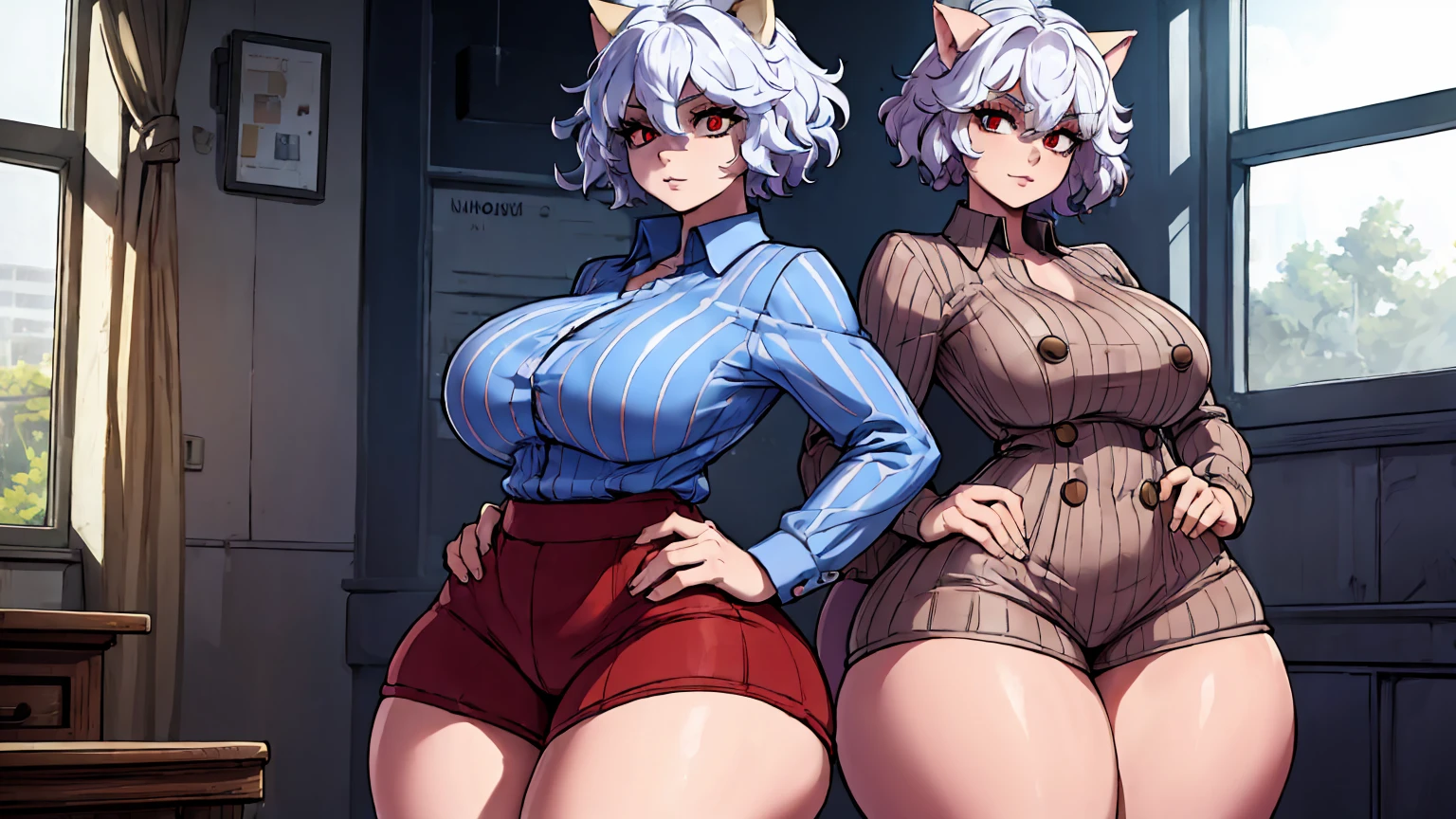 neferpitou, neferpitou, short hair, (red eyes:1.5), animal ears, hair between eyes, tail, white hair, cat ears, cat tail, cat girl, curly hair, thick thighs, gigantic breasts, thin waist, high heels, evil smile, BREAK long sleeves, shorts, striped, buttons, brown shorts, shirt, collared shirt, blue shirt, BREAK looking at viewer, BREAK indoors, classroom, (cowboy shot:1.5), BREAK (masterpiece:1.2), best quality, high resolution, unity 8k wallpaper, (illustration:0.8), (beautiful detailed eyes:1.6), extremely detailed face, perfect lighting, extremely detailed CG, (perfect hands, perfect anatomy),