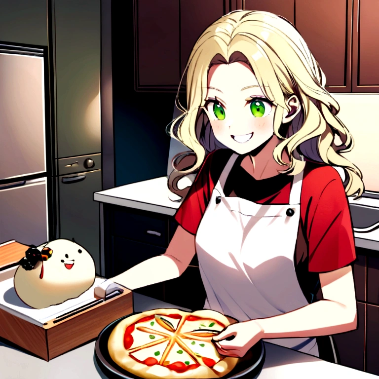 (german woman, age 25, green eyes detailed wavy hair with moth, blonde , heartthrob style, Grinning, wearing a t-shirt, cooking apron), helping by making pizzas with cheese edges, on a granite table, with wheat flour, olive oil, biological ferment , mineral water, preparing the dough and baking it in a portable oven on a marble countertop in a small kitchen in an apartment in Tokyo, Japan