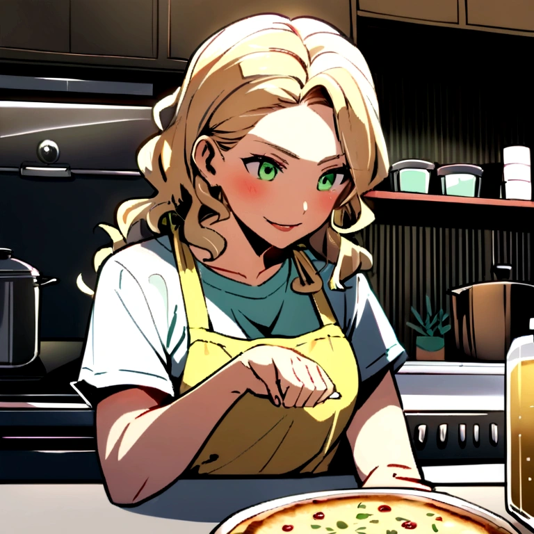 (german woman, age 25, green eyes detailed wavy hair with moth, blonde , heartthrob style, Grinning,  wearing a t-shirt, cooking apron), helping by making pizzas with cheese edges, on a granite table, with wheat flour, olive oil, biological ferment , mineral water, preparing the dough and baking it in a portable oven on a marble countertop in a small kitchen in an apartment in Tokyo, Japan 