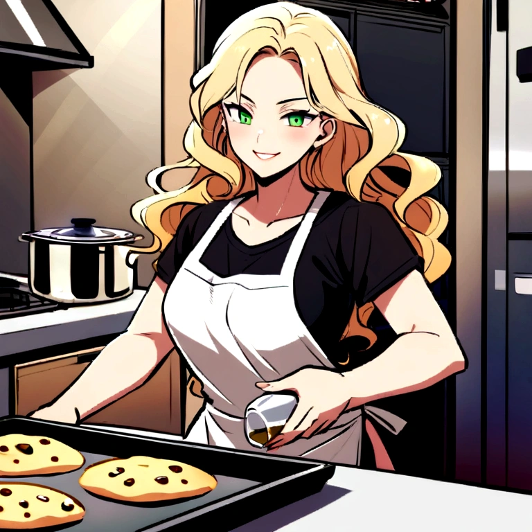 (german woman, age 25, green eyes detailed wavy hair with moth, blonde , heartthrob style, Grinning,  wearing a t-shirt, cooking apron), helping by making pizzas with cheese edges, on a granite table, with wheat flour, olive oil, biological ferment , mineral water, preparing the dough and baking it in a portable oven on a marble countertop in a small kitchen in an apartment in Tokyo, Japan 