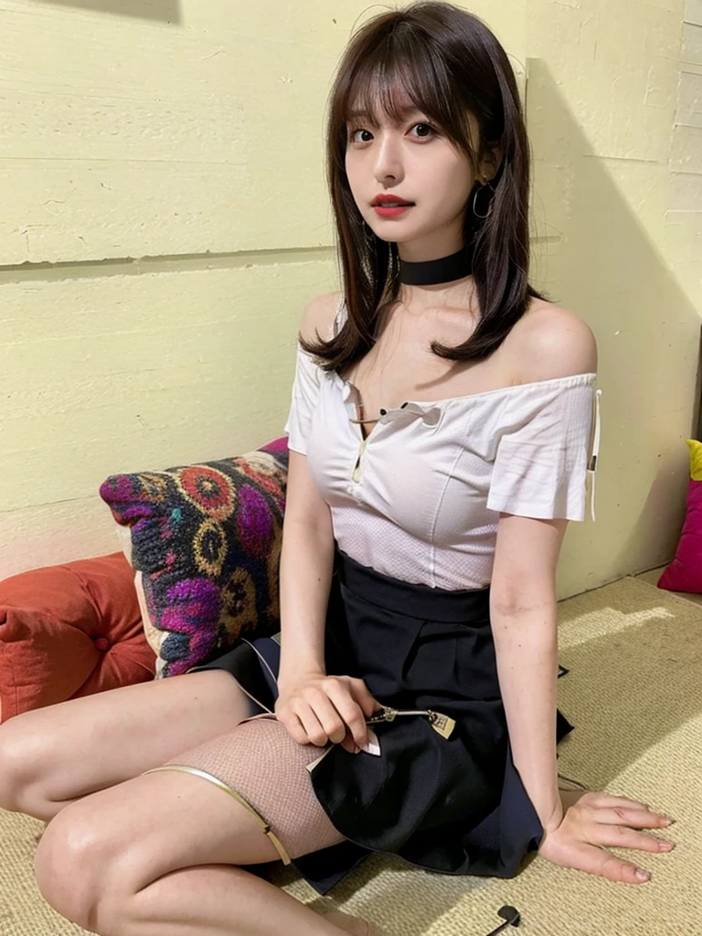 best quality, ultra high res, (photorealistic:1.4), 1girl, off-shoulder white shirt, black tight skirt, black choker, (faded ash gray hair:1), looking at viewer, Cleavage、tits