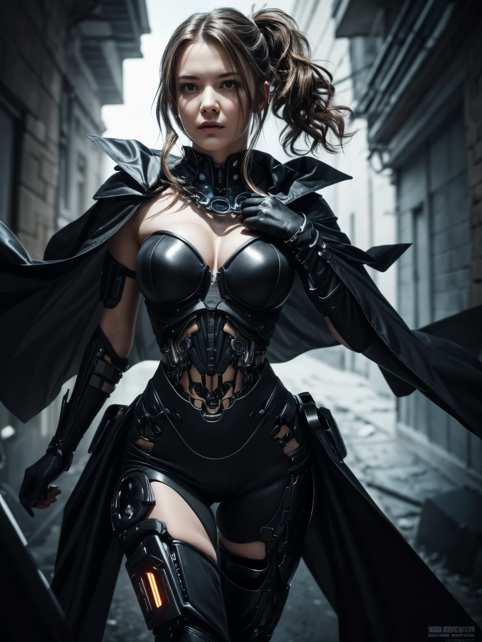 1girl, wearing detailed strapless cyborg suit, detailed hair, short curly hair, detailed face, looking at viewer, shoulder, cleavage, bright led light in the suit, blend of dark cyberpunk theme and medieval era, cold gaze, gray hair, ponytail, eye patch, black clothes, dark cape, chains, sea of blood, white electricity emanating from his body, black electricity emanating from his hand, thunderous lightning, (****, cute:1.2), (breasts:1.2),