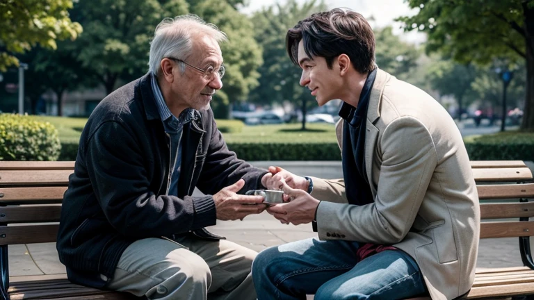 A father and son sitting on a park bench, the father handing a stone to his son.