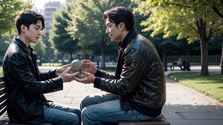 A father and son sitting on a park bench, the father handing a stone to his son.