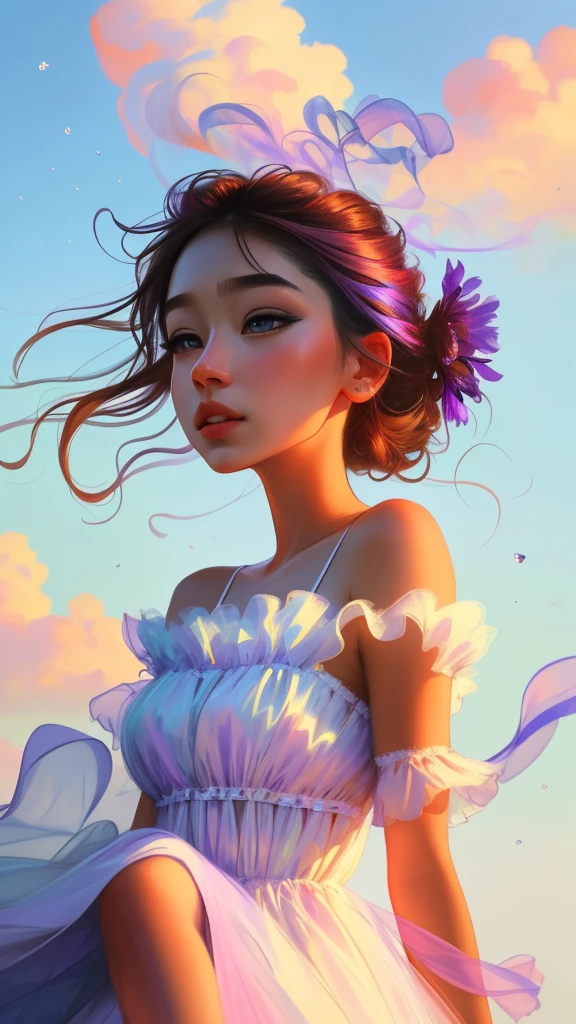 Frenchwoman, close-up face, beautiful dress, bare shoulders, soaring female figure made of ribbons, smoke, in the sky, colorful and bright, mystical colors, modern impressionism, portraiture Yanjun Cheng, iridescent painting, 3/4 perspective view, cute face, low angle, wide swirling composition, big beautiful crystal eyes, large iris, UHD, HDR, 8K, (Masterpiece: 1. 5), (the most beautiful portrait in the world:  1,5)