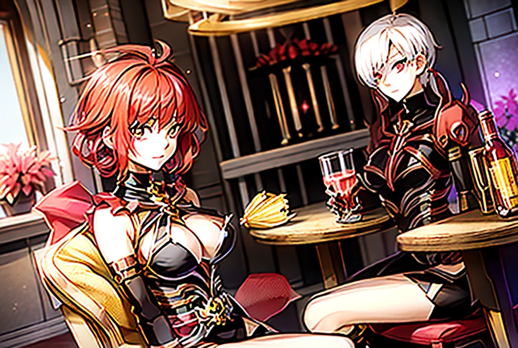 Anime, 1 girl, red hair, short hair, Golden yellow eyes, Yellow glowing eyes, The light sparkles beautifully., Beautiful fair skin, Guillotine Cross Set - Ragnarok Online, Sit back and relax., Hand holding a red glass water bottle, drink red juice, red nectar (Skull-shaped round bottle), Take it easy, friendly, Magical light