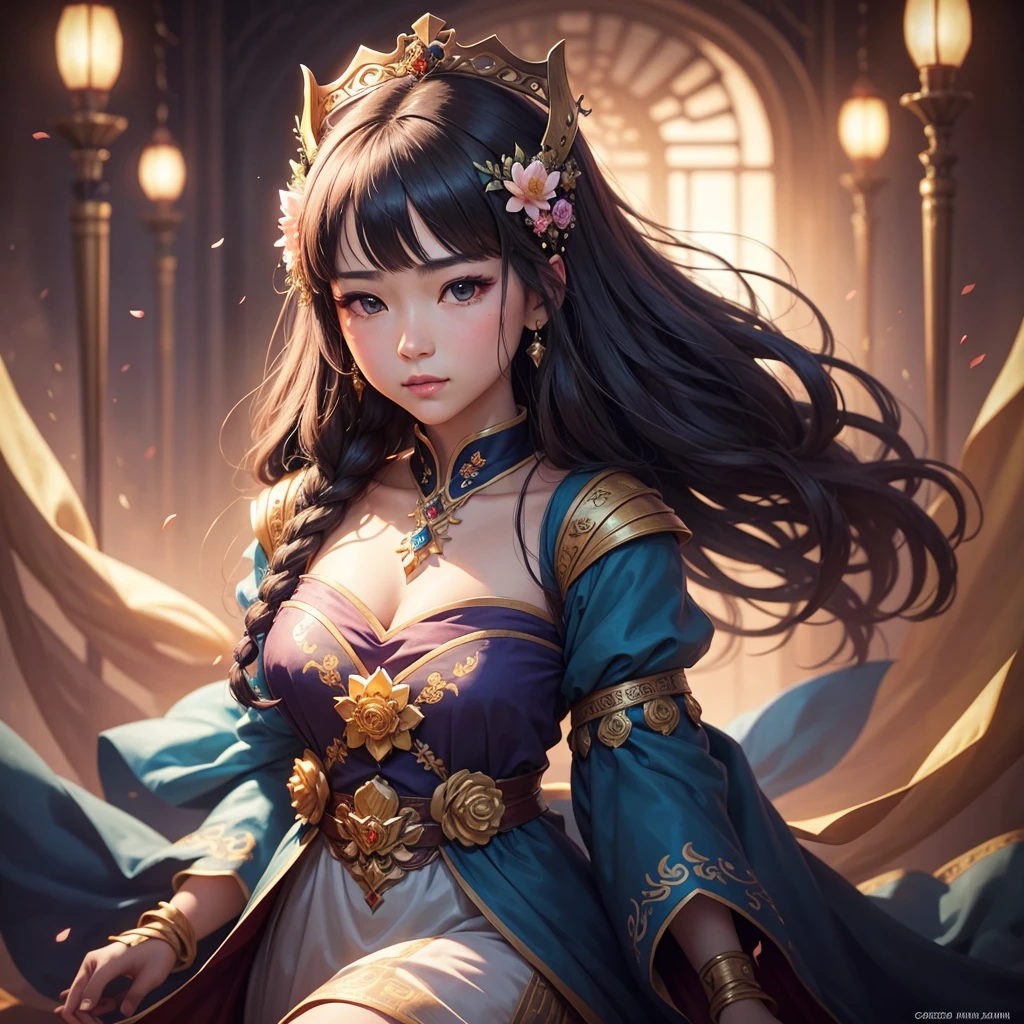 a close up of a woman in a dress with flowers in her hair, a character portrait inspired by Yang Jin, trending on cg society, fantasy art, ((a beautiful fantasy empress)), a beautiful fantasy empress, anime goddess, gilded lotus princess, 8k high quality detailed art, portrait knights of zodiac girl, beautiful and elegant queen, beautiful celestial mage