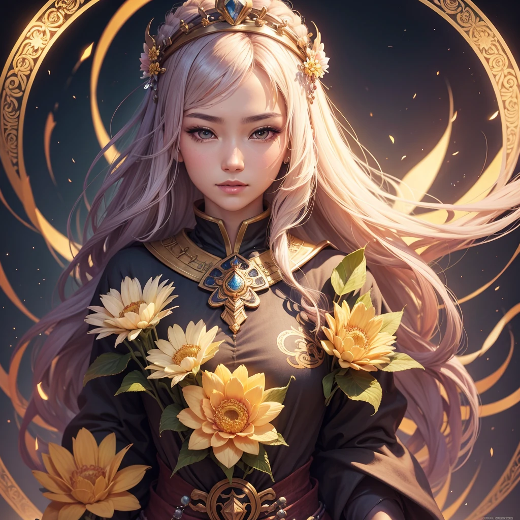 a close up of a woman in a dress with flowers in her hair, a character portrait inspired by Yang Jin, trending on cg society, fantasy art, ((a beautiful fantasy empress)), a beautiful fantasy empress, anime goddess, gilded lotus princess, 8k high quality detailed art, portrait knights of zodiac girl, beautiful and elegant queen, beautiful celestial mage