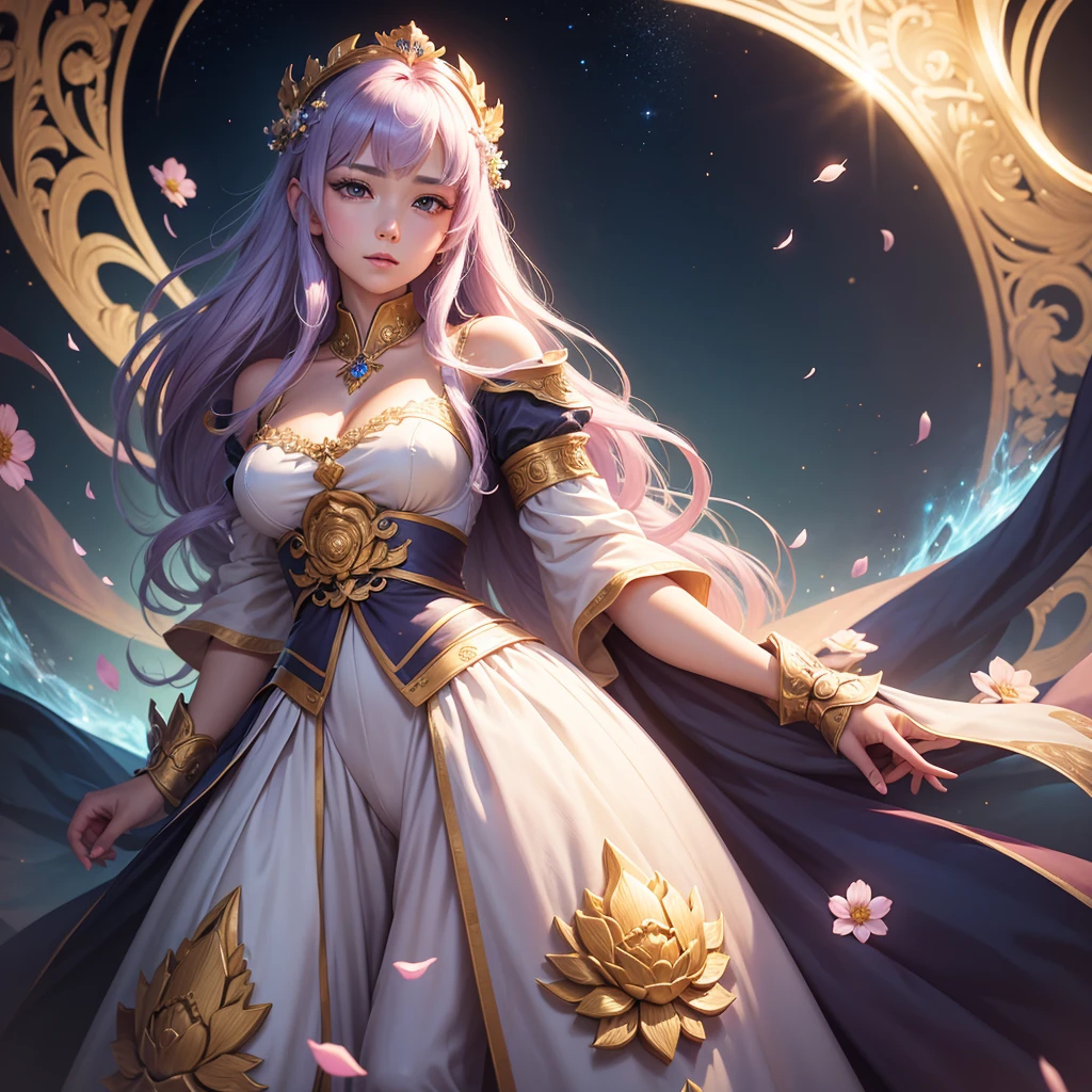 a close up of a woman in a dress with flowers in her hair, a character portrait inspired by Yang Jin, trending on cg society, fantasy art, ((a beautiful fantasy empress)), a beautiful fantasy empress, anime goddess, gilded lotus princess, 8k high quality detailed art, portrait knights of zodiac girl, beautiful and elegant queen, beautiful celestial mage