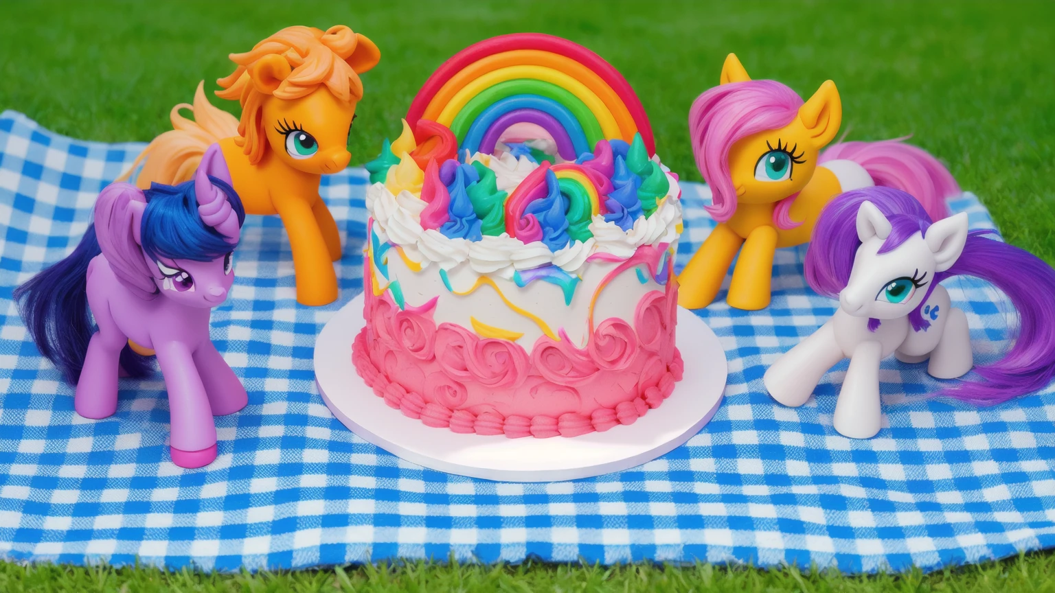 on the grass, on a pink checkered tablecloth. there is a white plate with cake, white and pink cream cake, Rainbow confectionery powder on the cake, top rainbow gradient cream, polymer clay rainbow, рядом стоят пластиковые pony toys из мультфильма My Little Pony, pony toys, purple pony with wing and horn, orange pony with hat and yellow hair, yellow pony with pink hair and wing, white pony with purple hair and horn. beautiful light, sunlight, sunny day, beautiful lighting, bright announcement, several light sources, Realistic style, realistic textures, high quality, high detail, detailed texture, ultra 4k hd