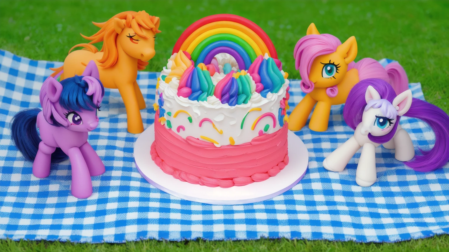 on the grass, on a pink checkered tablecloth. there is a white plate with cake, white and pink cream cake, Rainbow confectionery powder on the cake, top rainbow gradient cream, polymer clay rainbow, рядом стоят пластиковые pony toys из мультфильма My Little Pony, pony toys, purple pony with wing and horn, orange pony with hat and yellow hair, yellow pony with pink hair and wing, white pony with purple hair and horn. beautiful light, sunlight, sunny day, beautiful lighting, bright announcement, several light sources, Realistic style, realistic textures, high quality, high detail, detailed texture, ultra 4k hd