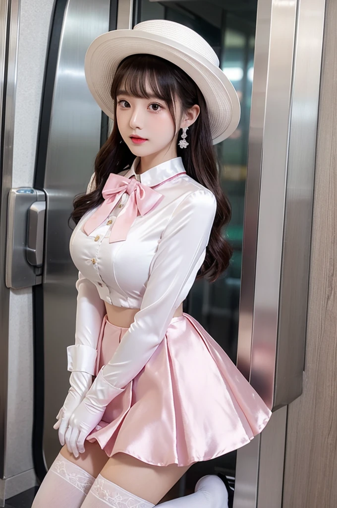 Highest quality、Elevator Girl、Shiny silk formal jacket in pink、White blouse with big ribbon、Round collar、Micro Mini Skirt、Tight Skirt、A small round hat with a ribbon、Skinny、White gloves、White over-the-knee socks、Flushed Cheeks、Embarrassed look、Big Breasts、Put your hands on the skirt、Low - Angle