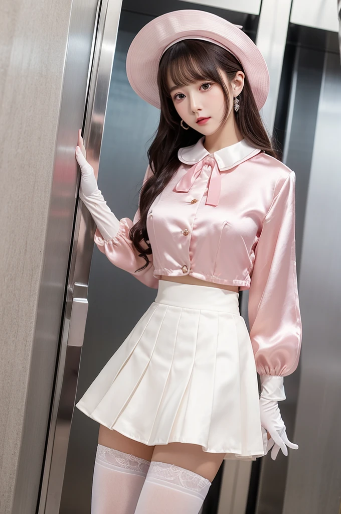 Highest quality、Elevator Girl、Shiny silk formal jacket in pink、White blouse with big ribbon、Round collar、Micro Mini Skirt、Tight Skirt、A small round hat with a ribbon、Skinny、White gloves、White over-the-knee socks、Flushed Cheeks、Embarrassed look、Big Breasts、Put your hands on the skirt、Low - Angle