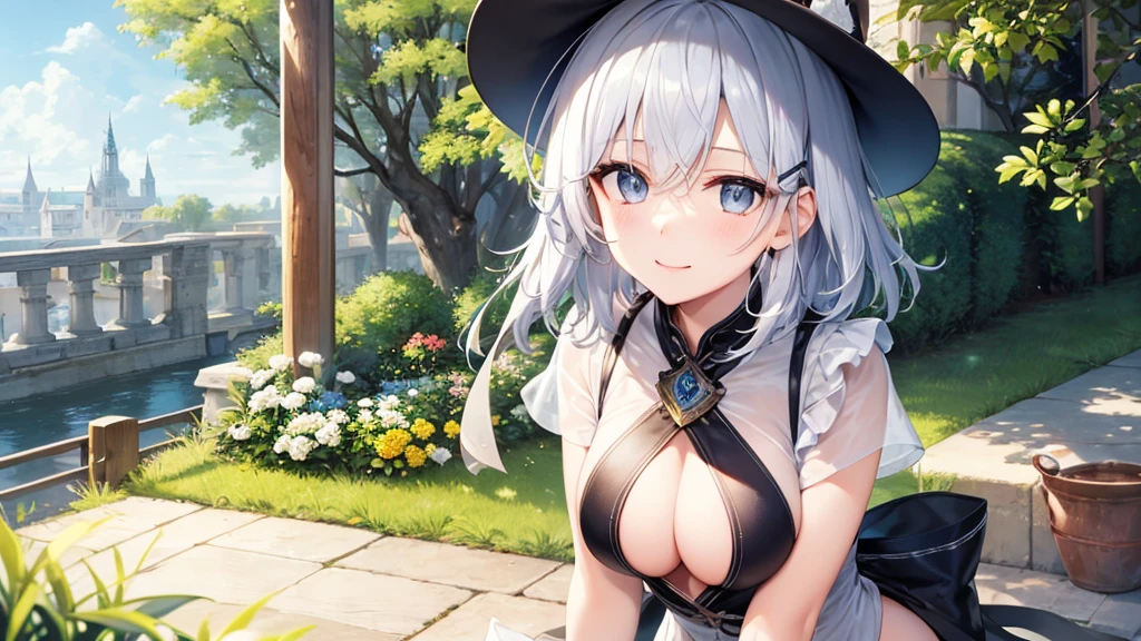 Her eyes were shining、Mysterious and enchanting atmosphere。With AI Painting、とてもShort Hair, Long bangs between the eyes, Very detailed,(masterpiece、Highest quality)、alone、Gray Hair、Fantasy, Silver Hair, Fantasyな風景、White shirt、smile、Open your mouth、Scarf、short hair、Short Hair、hairpin、black eye、Grey Eyes、Beautiful Eyes