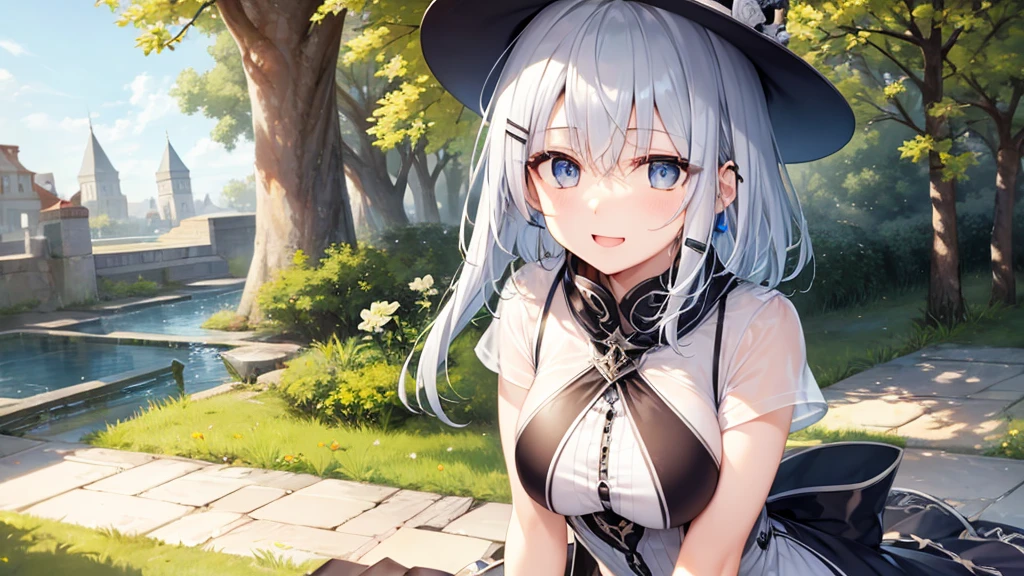 Her eyes were shining、Mysterious and enchanting atmosphere。With AI Painting、とてもShort Hair, Long bangs between the eyes, Very detailed,(masterpiece、Highest quality)、alone、Gray Hair、Fantasy, Silver Hair, Fantasyな風景、White shirt、smile、Open your mouth、Scarf、short hair、Short Hair、hairpin、black eye、Grey Eyes、Beautiful Eyes