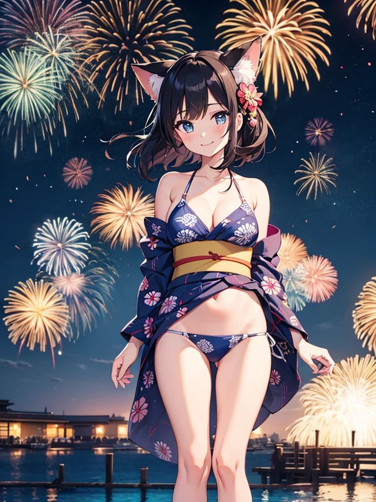 bbfbk, long hair, ahoge, animal ears, breasts, fox tail, bare shoulders, cleavage, blue bikini, front-tie bikini top, bikini skirt、(masterpiece, Highest quality, Super detailed),One girl,((super fine illustration)),((cute eyes,highly detailed skin)),((smile)),(well endowed,Blessed,Captivating body、Detailed Background)、(yukata:1.5),firework,(大量のfirework,Night view,Ocean)、Festivals, full body