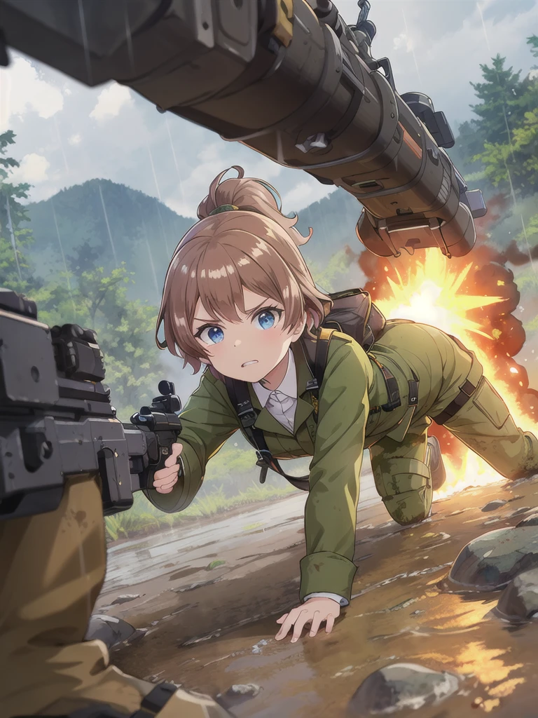 high quality,masterpiece,12 years old,blue eyes,Outdoor,顔 focus,Brown Hair, short hair, ponytail,Military camouflage uniform,Green helmet,heavy rain,In the mountains,cloudy,Muddy clothes,He has a gun,Crawling on the ground,Point the gun this way,serious,Ruthless eyes,Intense gunfight,((Massive explosion)),A lot of black smoke,