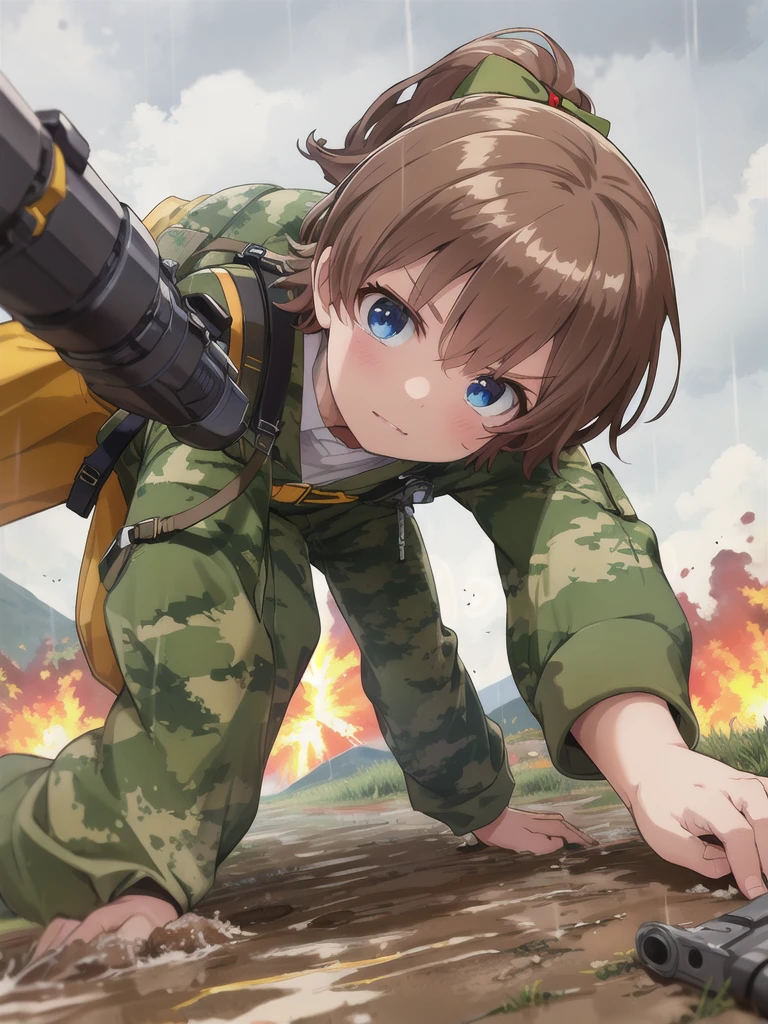 high quality,masterpiece,12 years old,blue eyes,Outdoor,顔 focus,Brown Hair, short hair, ponytail,Military camouflage uniform,Green helmet,heavy rain,In the mountains,cloudy,Muddy clothes,He has a gun,Crawling on the ground,Point the gun this way,serious,Ruthless eyes,Intense gunfight,((Massive explosion)),A lot of black smoke,