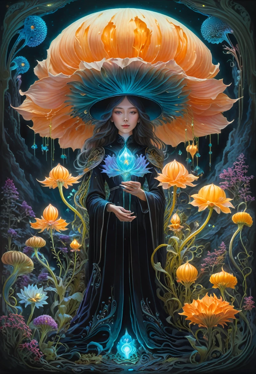 Magic ghost flower planted from the abyss,Images of a fascinated witch encountering alien life forms, Illuminated by bioluminescent plants, The is very detailed, hyperrealisti, 10k high resolution, Gouache style, doodling art, Glaslow, Influenced by Art Nouveau, 가슴, e futuro, The Art of Lunar Cryptography Wow,