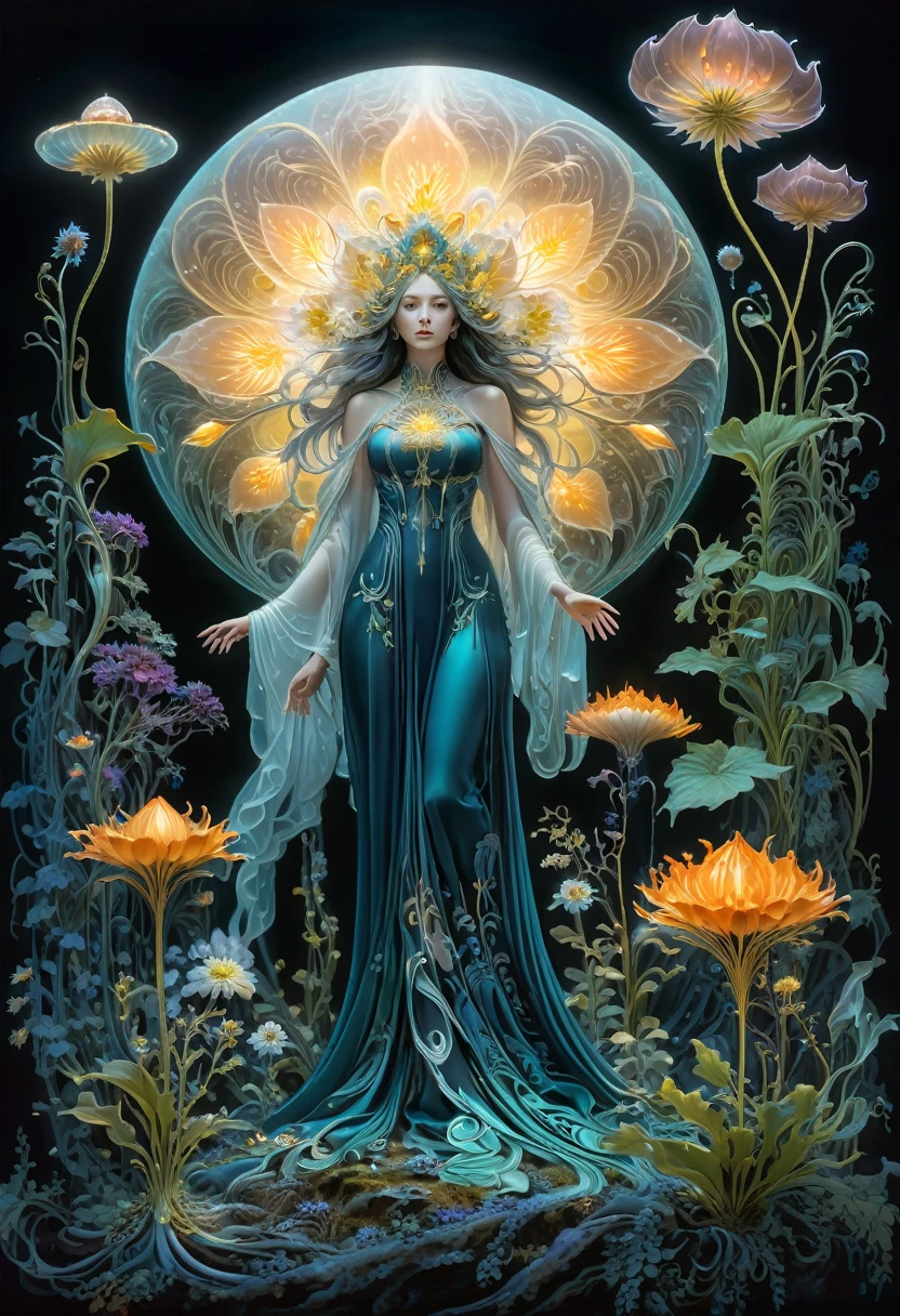 Magic ghost flower planted from the abyss,Images of a fascinated witch encountering alien life forms, Illuminated by bioluminescent plants, The is very detailed, hyperrealisti, 10k high resolution, Gouache style, doodling art, Glaslow, Influenced by Art Nouveau, 가슴, e futuro, The Art of Lunar Cryptography Wow,