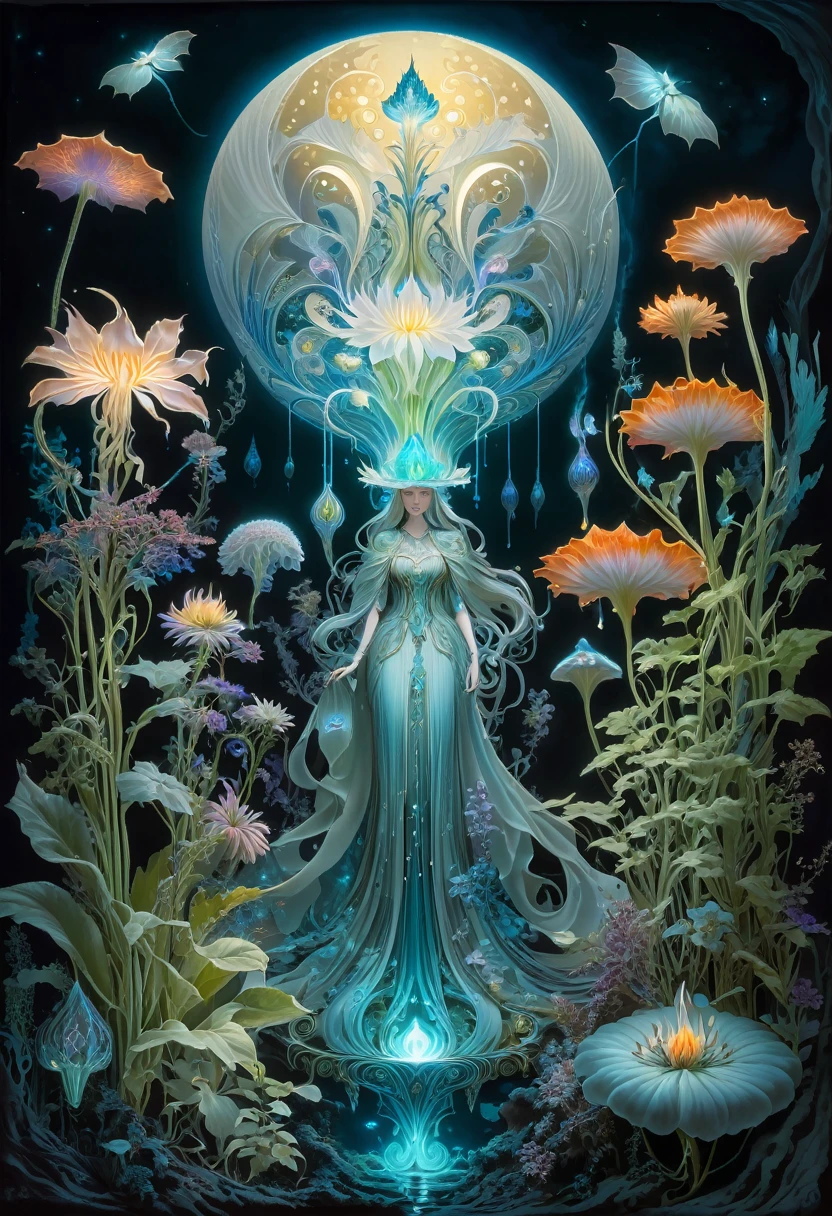 Magical plant from the abyss, the ghost flower,Images of a fascinated witch encountering alien life forms, Illumination of bioluminescent plants, The content is very detailed, hyper realisitc, 10k high resolution, Gouache style, scribble art, Glaslorne, Influenced by Art Nouveau, Given, and future, The Art of Lunar Encryption Wow,