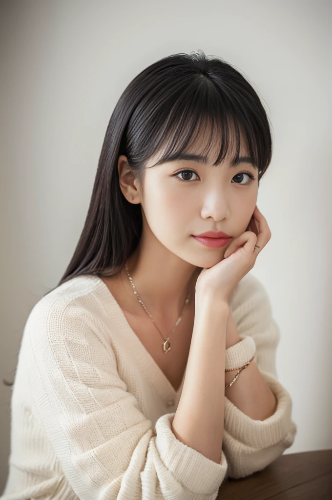 ((Tabletop,Highest quality)), (Like the picture:1.4),(((Tabletop,8K)),White wall,(White Room),((Full body photo))),Photographed in natural light,Highly detailed face and skin texture,Highly detailed lips,The correct state of the human body,Ultra-high resolution, 38 years old, s, 60mm lens, light beige sweatshirt,(Medium Hair),Japanese women,(Black Hair),Natural lip color, necklace