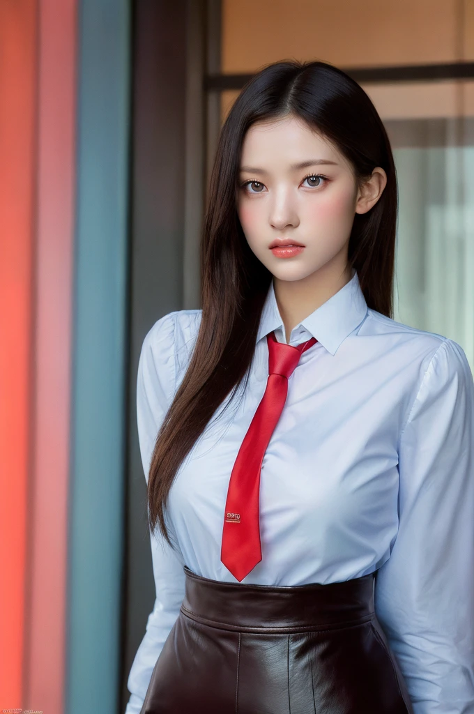 Haerin Woman, 1girl, solo, realistic, portrait, upper body, detailed face, oxford shirt, necktie, blazer, (high quality:1.4), (photorealistic:1.6), 8k, uhd, highres, absurdres, professional photo, highly detailed, detailed skin, masterpiece, (hyperrealism) "Top CG, the highest picture quality, masterpiece, delicate and delicate Bishōjo, ((185cm beautiful woman)), (tall and tall), Imperial sister, Queen temperament, white skin, exposed chest, long legs, perfect facial features, bright eyes, red lips, beautiful and cold, (big breaks) ), delicate luminous eyes, exposed navel clothes, red leather clothes, tight leather clothes, 4k picture quality, Cosmo Lady, modern city, realistic portraits,reality,photo,1girl,,ULTRA HUGE BREASTS: 1.2, ((BIG BREASTS: 1.2),