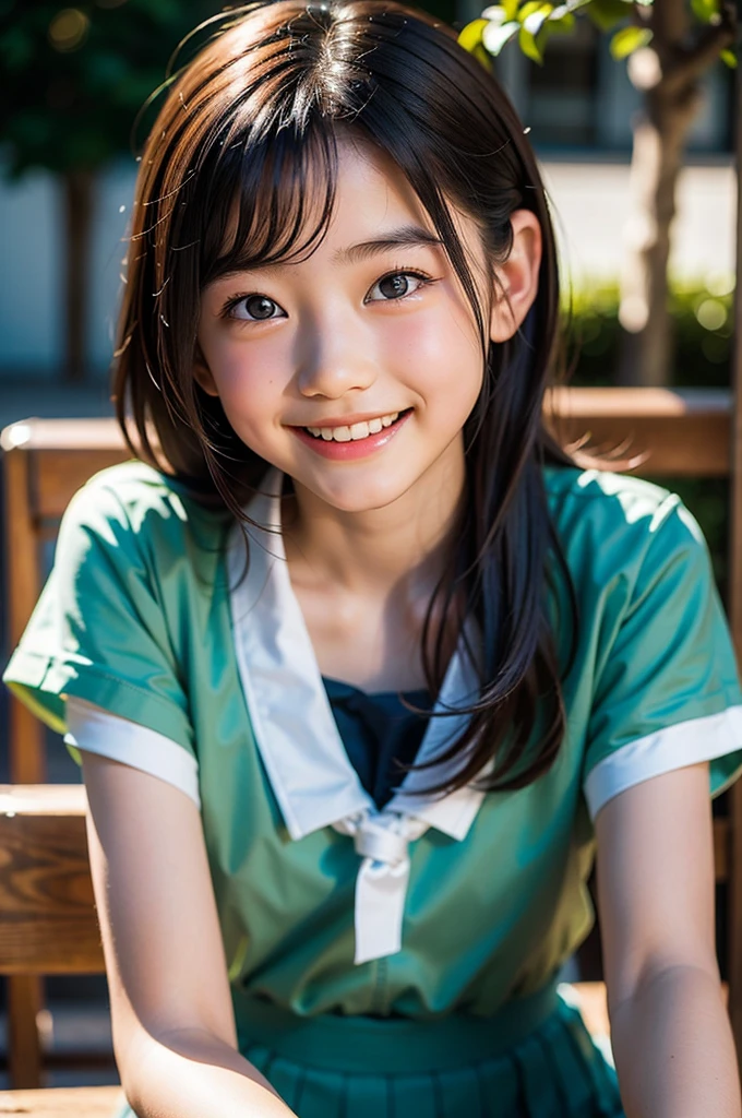 lens: 135mm f1.8, (highest quality),(RAW Photos), (Tabletop:1.1), (Beautiful 10 year old Japanese girl), Cute face, (Deeply chiseled face:0.7), (freckles:0.4), dappled sunlight, Dramatic lighting, (Japanese School Uniform), (On campus), shy, (Close-up shot:1.2), (smile),, (Sparkling eyes)、(sunlight)