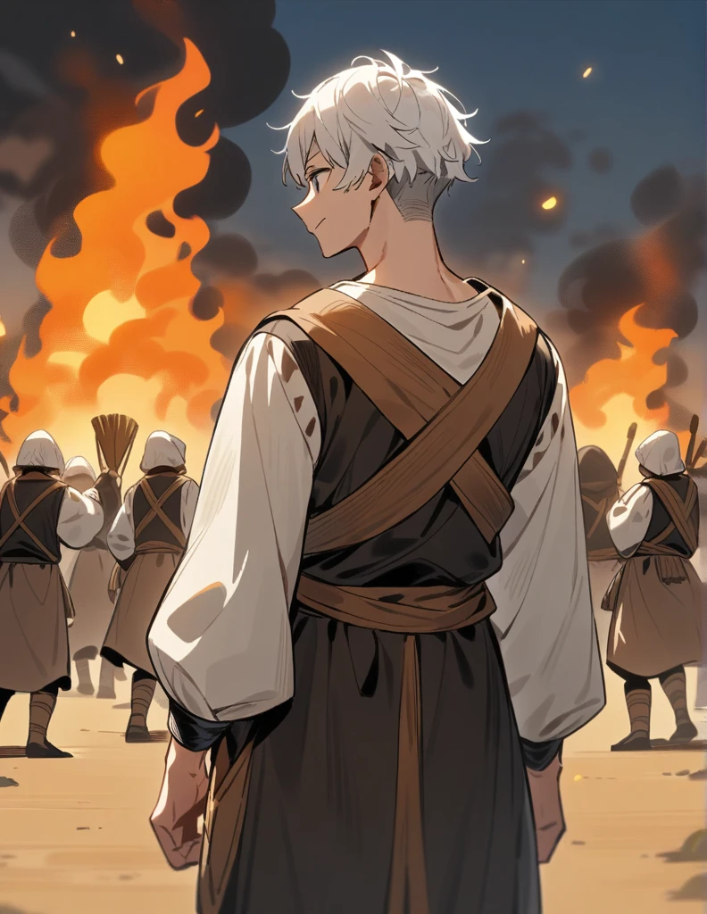 small Greek boy with white hair, wearing peasant clothes, with his back turned, in front of his village that is being set on fire