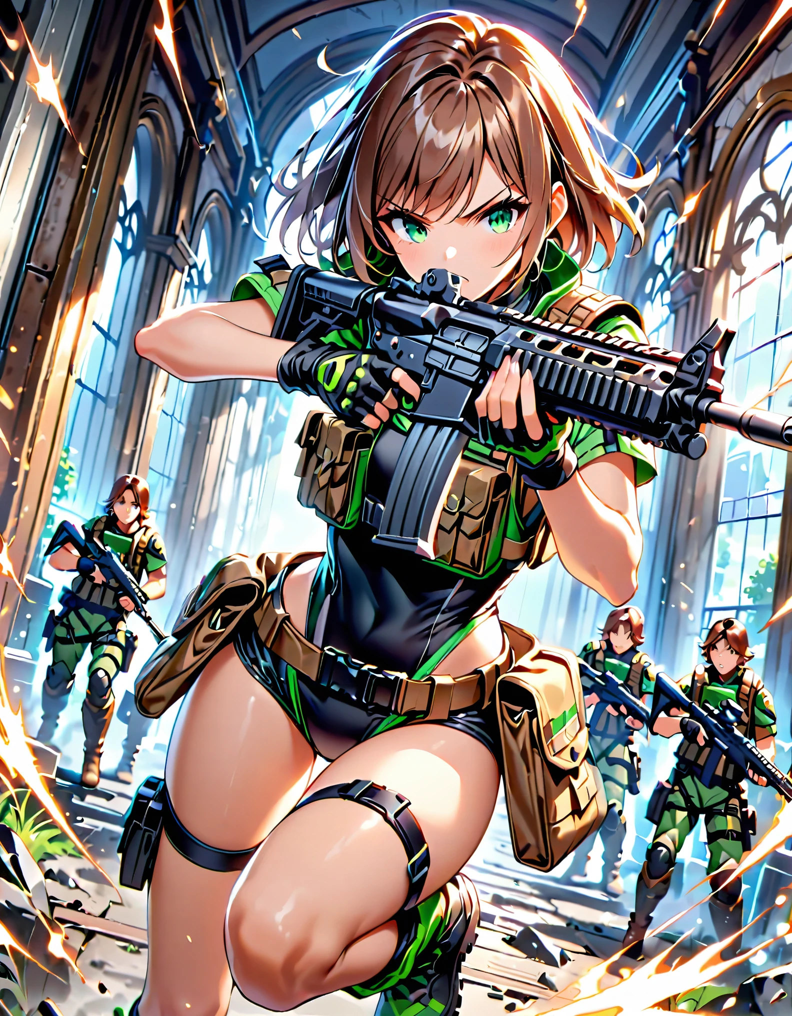 (best quality), (masterpiece), (hires), 1girl, solo, solo focus, leotard, bare legs, boots, assault vest, holding and aiming an assault rifle, dynamic action pose, brown hair, bob hair, green eyes, fingerless gloves, black boots.