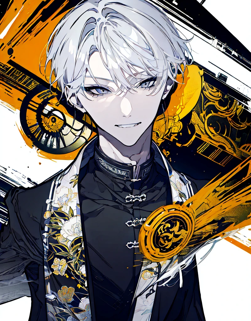 High resolution male Character portrait whole body White background Close ~ eyes Suspicious Laughter Lift the corners of your mouth tall Silver Hair Yellow Eyes Chinese style black clothes sunglasses smile Putting a cigarette in your mouth Double teeth Grinning face