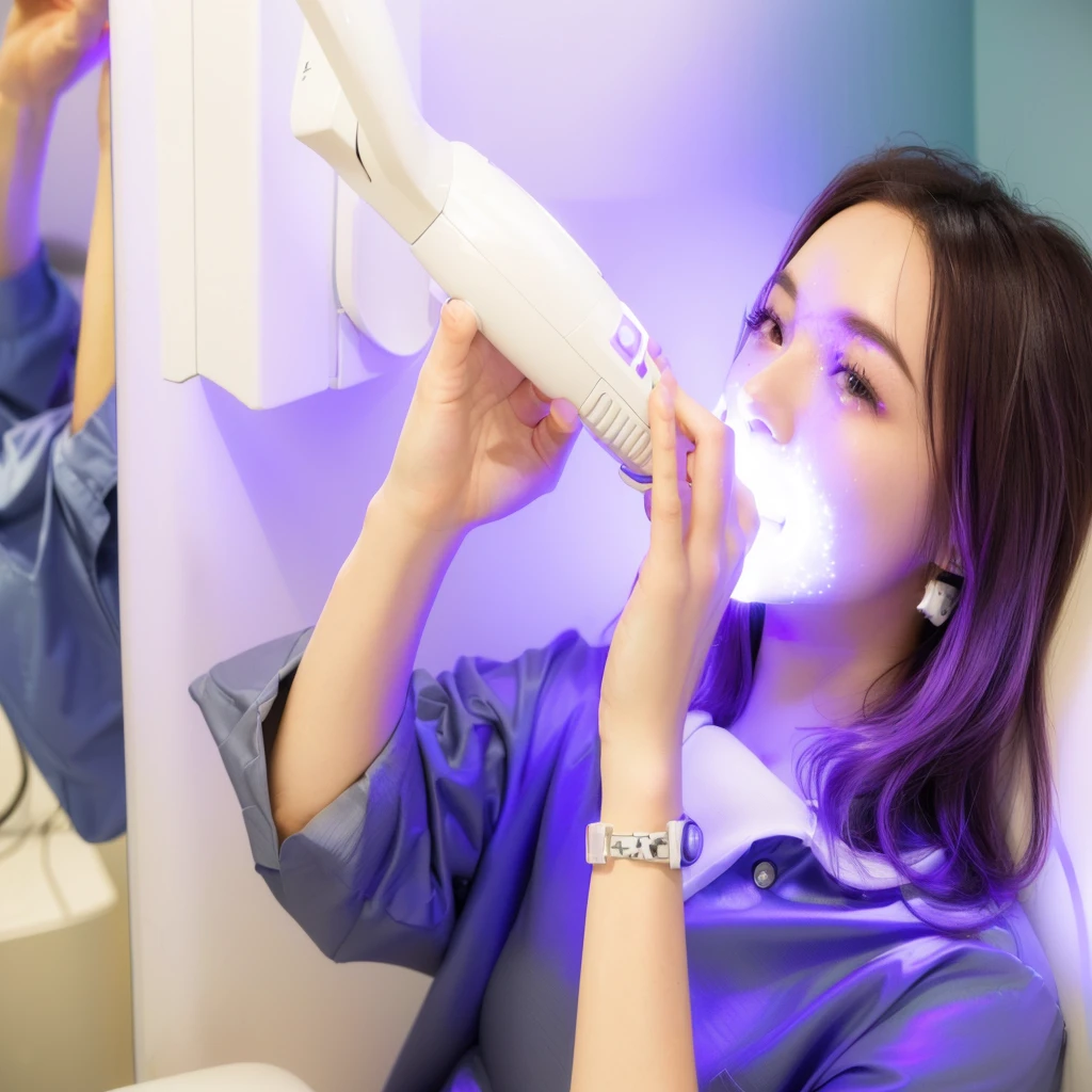 woman with purple hair using a blow dryer in a room, glowing mouth, vivid color glow, beginner, vivid detail, light smile, light glow, composite, vivid bright light, white!!, vivid), ultra - vivid, maintenance, ultra facial detail, esthetic, colors white!!, maximum detail, with a whitish, bright vivid lighting, toothpaste blast, advanced technology