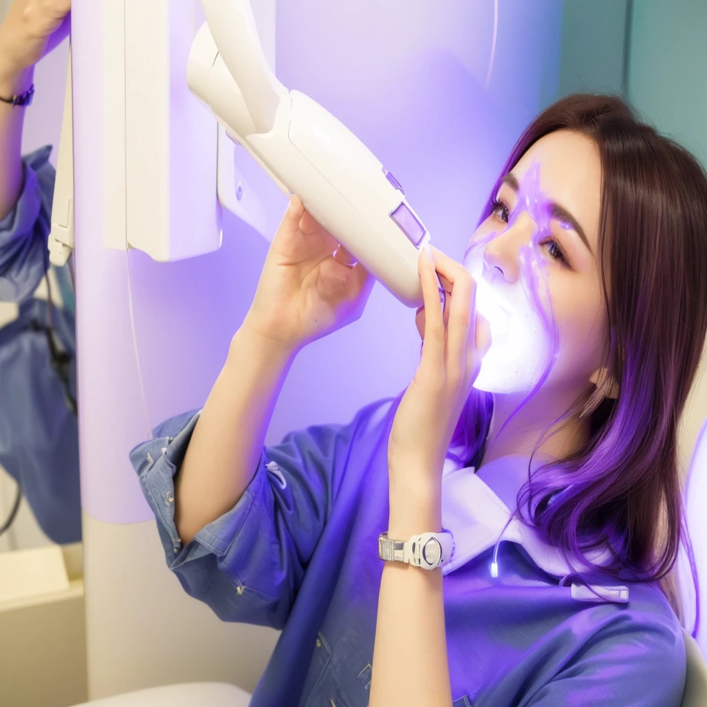 woman with purple hair using a blow dryer in a room, glowing mouth, vivid color glow, beginner, vivid detail, light smile, light glow, composite, vivid bright light, white!!, vivid), ultra - vivid, maintenance, ultra facial detail, esthetic, colors white!!, maximum detail, with a whitish, bright vivid lighting, toothpaste blast, advanced technology