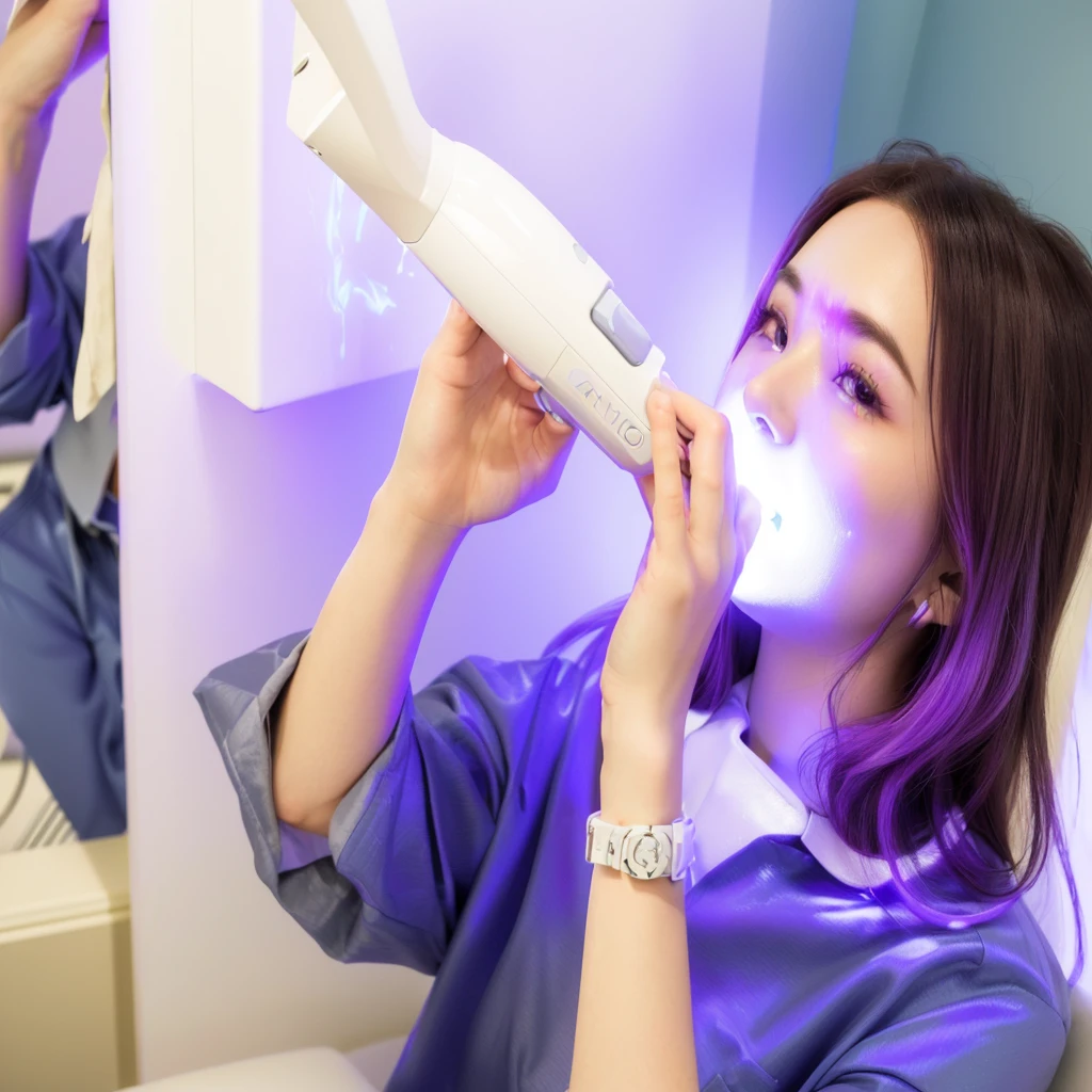 woman with purple hair using a blow dryer in a room, glowing mouth, vivid color glow, beginner, vivid detail, light smile, light glow, composite, vivid bright light, white!!, vivid), ultra - vivid, maintenance, ultra facial detail, esthetic, colors white!!, maximum detail, with a whitish, bright vivid lighting, toothpaste blast, advanced technology