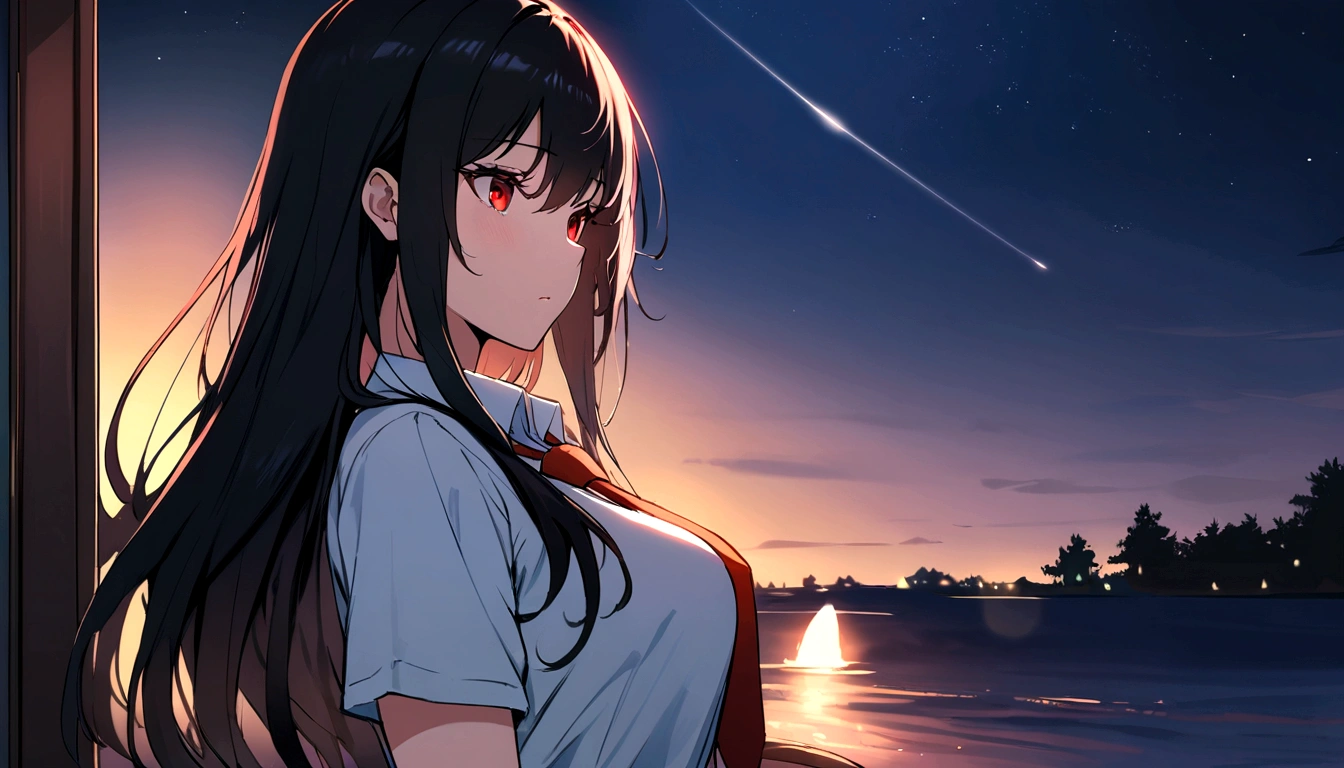 Red eyes, Black Hair, Long Hair,tie, One Girl,
Collared shirt, White shirt, Short sleeve, Pleated skirt, student, Highest quality, masterpiece, High resolution, summer,night,Xin Haicheng,the way、Outdoor