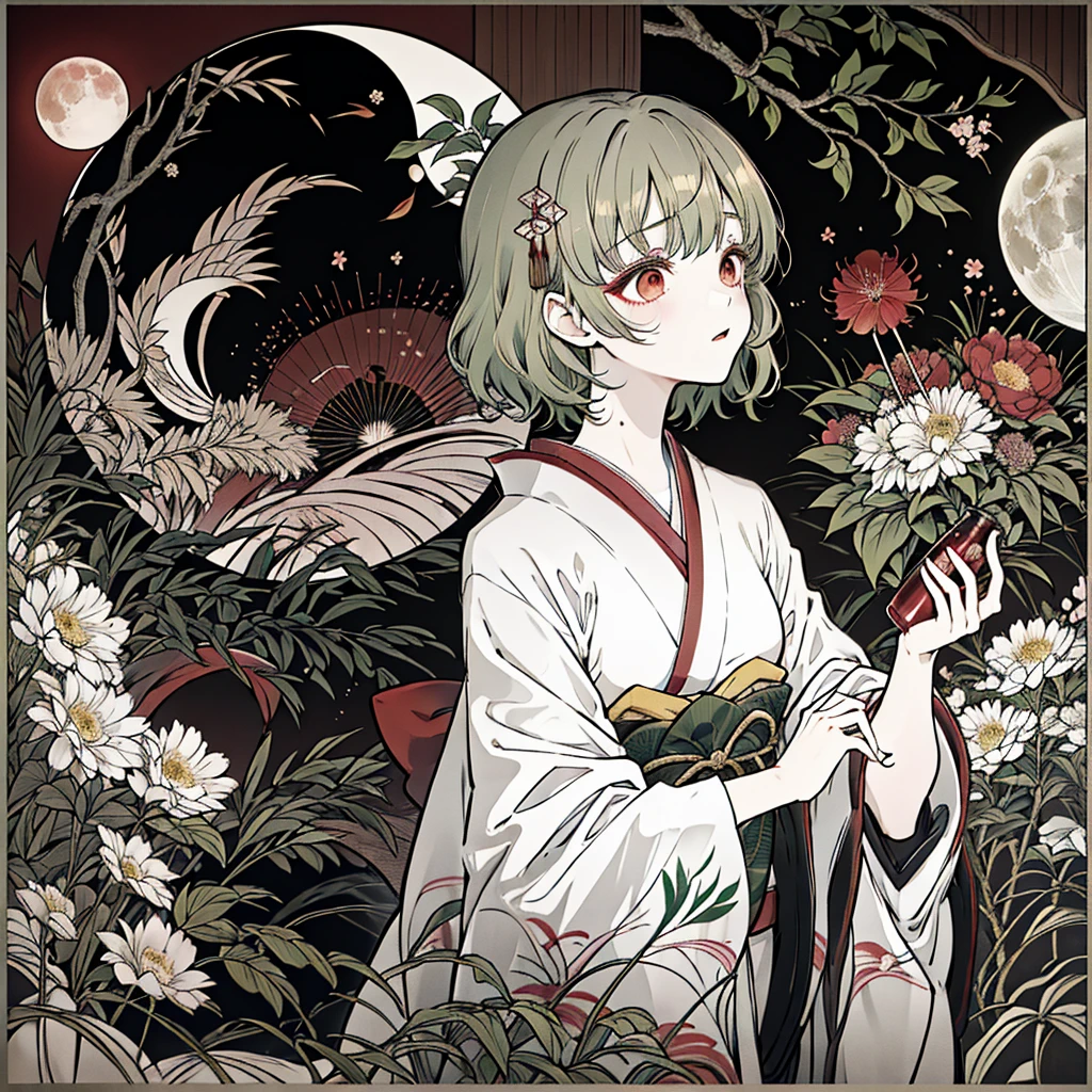 【Highest quality, Tabletop】 [girl, kimono, Red eyes, profile, Wavy short hair, Brown Hair, Upper Body] (moon, Greenish foliage),  Japan drinks alcohol, Sweat, Long eyelashes, alone, firework