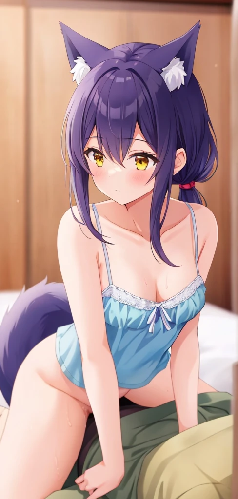 one girl, girl focus, pony tail, wolf ears, beautiful, fluffy ears, camisole,girl on top sex