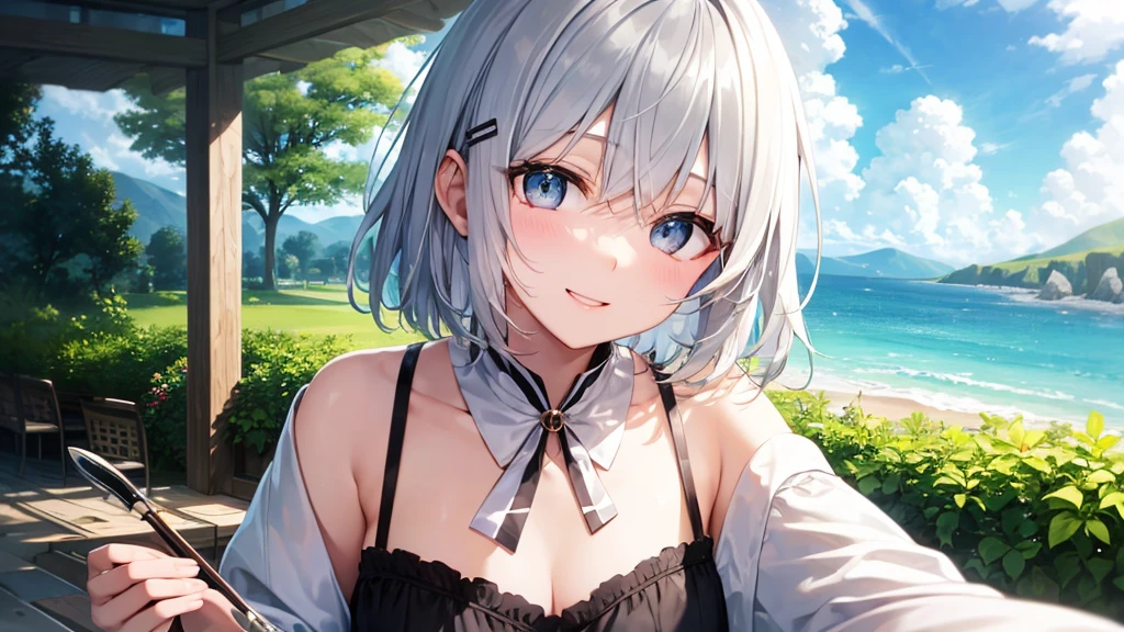 Her eyes were shining、Mysterious and enchanting atmosphere。With AI Painting、とてもShort Hair, Long bangs between the eyes, Very detailed,(masterpiece、Highest quality)、alone、Gray Hair、Fantasy, Silver Hair, Fantasyな風景、White shirt、smile、Open your mouth、Scarf、short hair、Short Hair、hairpin、black eye、Grey Eyes、Beautiful Eyes