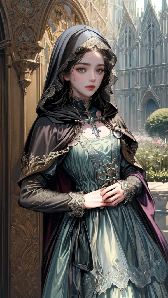 1 nun (absurdres, highres, ultra detailed, HDR), masterpiece, Intricate details,best quality close-up picture of a character from Octopath Traveler, handsome girl in tim burton style, anime eyes, Hero Outfit see through showing Chest with cape in a random color, detailed outside garden cathedral scenery, detailed character, art kenouji