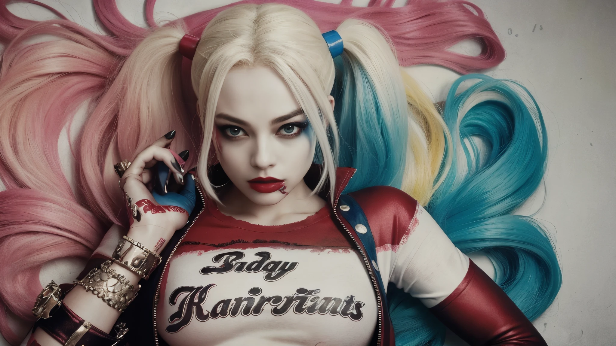 Kodak Disposable Camera Photo of a Beautiful Woman, sonriendo sugestivamente, full body, harley quin, naked, margot robbie, tits, nipple, abandoned, sweaty, oily skin, crazy smile, ahegao, crossed eyes, small breast, wear hijab,