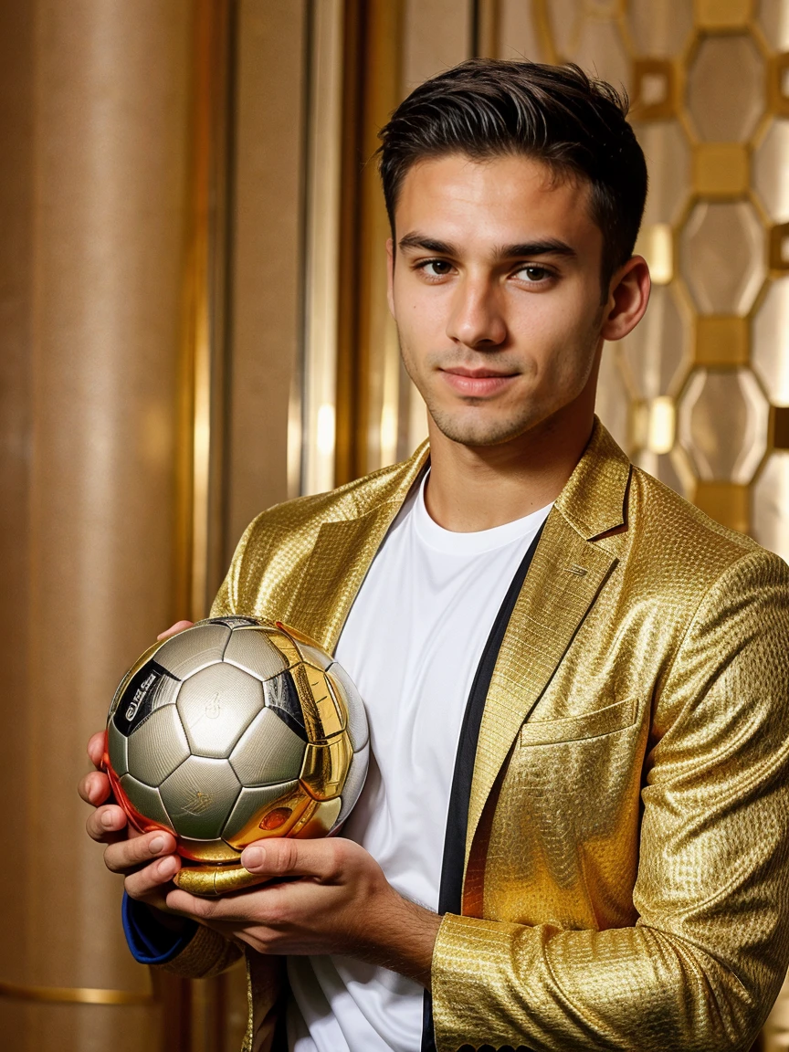 powerful soccer male player holding golden cup in hands, round head, luxury background, soccer clothes, paparazzi