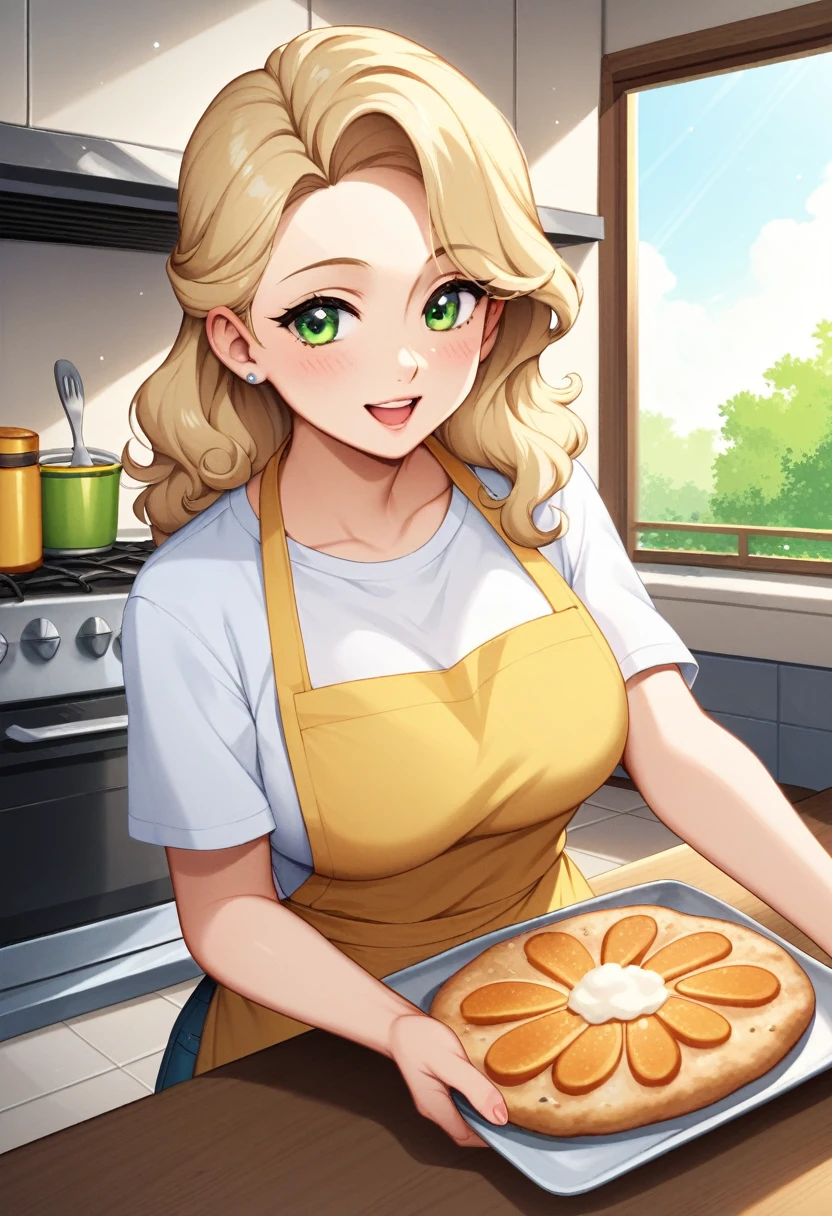 (german woman, age 25, green eyes detailed wavy hair with moth, blonde , heartthrob style, Grinning,  wearing a t-shirt, cooking apron), helping by making pizzas with cheese edges, on a granite table, with wheat flour, olive oil, biological ferment , mineral water, preparing the dough and baking it in a portable oven on a marble countertop in a small kitchen in an apartment in Tokyo, Japan 