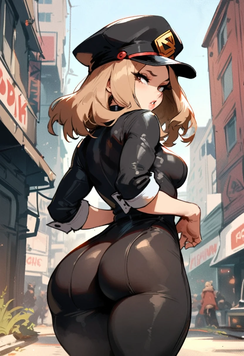 1girl, utsushimi kemii, boku no hero academia \\\\\ masterpiece, best quality, very aesthetic, absurdres, newest \\\\\\ slim body,///// by dodok,by nyantcha,cutesexyrobutts , by khyle,,////// beautiful face, light brown hair ,plump and glossy lips, . , , dark brown eyes,, cap, black catsuit . She wears white cuffs around her wrists,,standing, city, (rear view:1.2), ass view,, ,pov