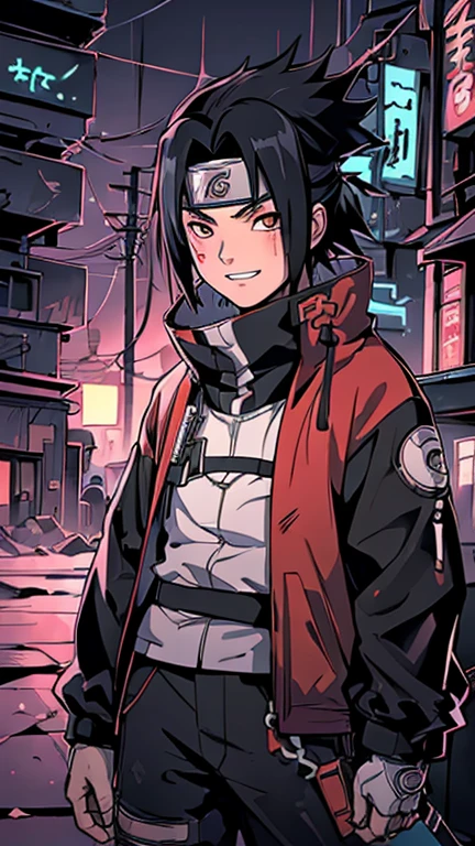 best quality,masterpiece,1boy,solo,(((ars old)japanese boy,an extremely cute and handsome boy,highly detailed beautiful face and eyes,petit,cute face,lovely face,baby fahy smile,show teeth, ,Black hair,flat chest,skinny,slender,(((Wearing a Sasuke Uchiha costume))),(((standing in Dark Midnight Neon Glow light Cyberpunk Konoha Village))),he is looking at the viewer,