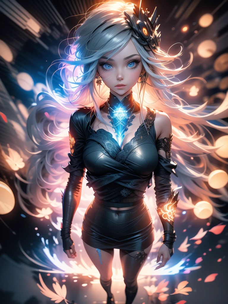 3D impressionist illustration, Masterpiece, ダークファンタジー, High Contrast, A Russian girl in her early 20s with ash grey hair, Ultra-near-future weapons, Full body((must)), Uplifting, A futuristic city in the background, Gorgeous, A night view smattering with brilliant colors