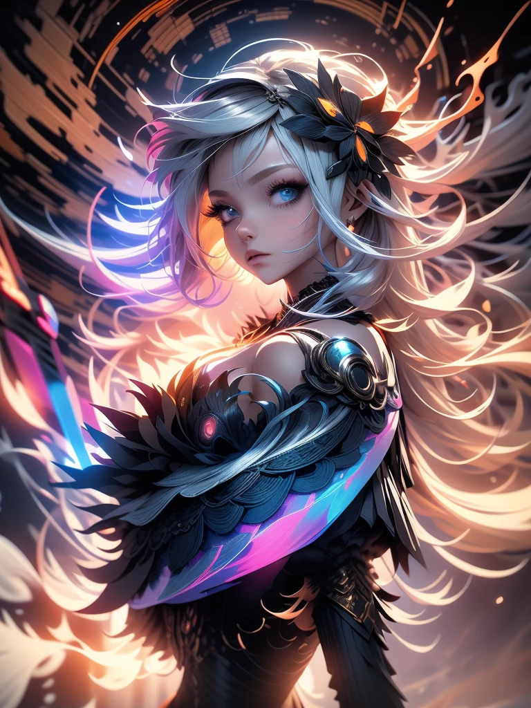 3D impressionist illustration, Masterpiece, ダークファンタジー, High Contrast, A Russian girl in her early 20s with ash grey hair, Ultra-near-future weapons, Full body((must)), Uplifting, A futuristic city in the background, Gorgeous, A night view smattering with brilliant colors