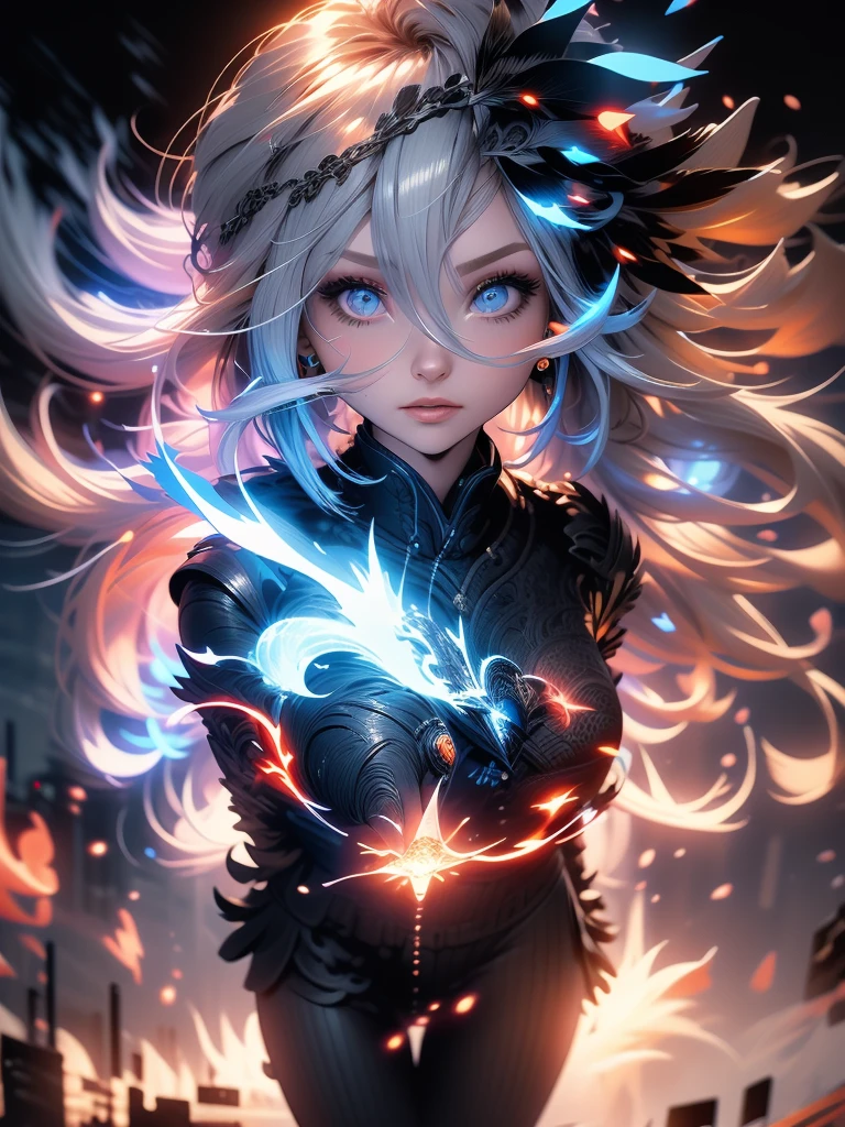 3D impressionist illustration, Masterpiece, ダークファンタジー, High Contrast, A Russian girl in her early 20s with ash grey hair, Ultra-near-future weapons, Full body((must)), Uplifting, A futuristic city in the background, Gorgeous, A night view smattering with brilliant colors