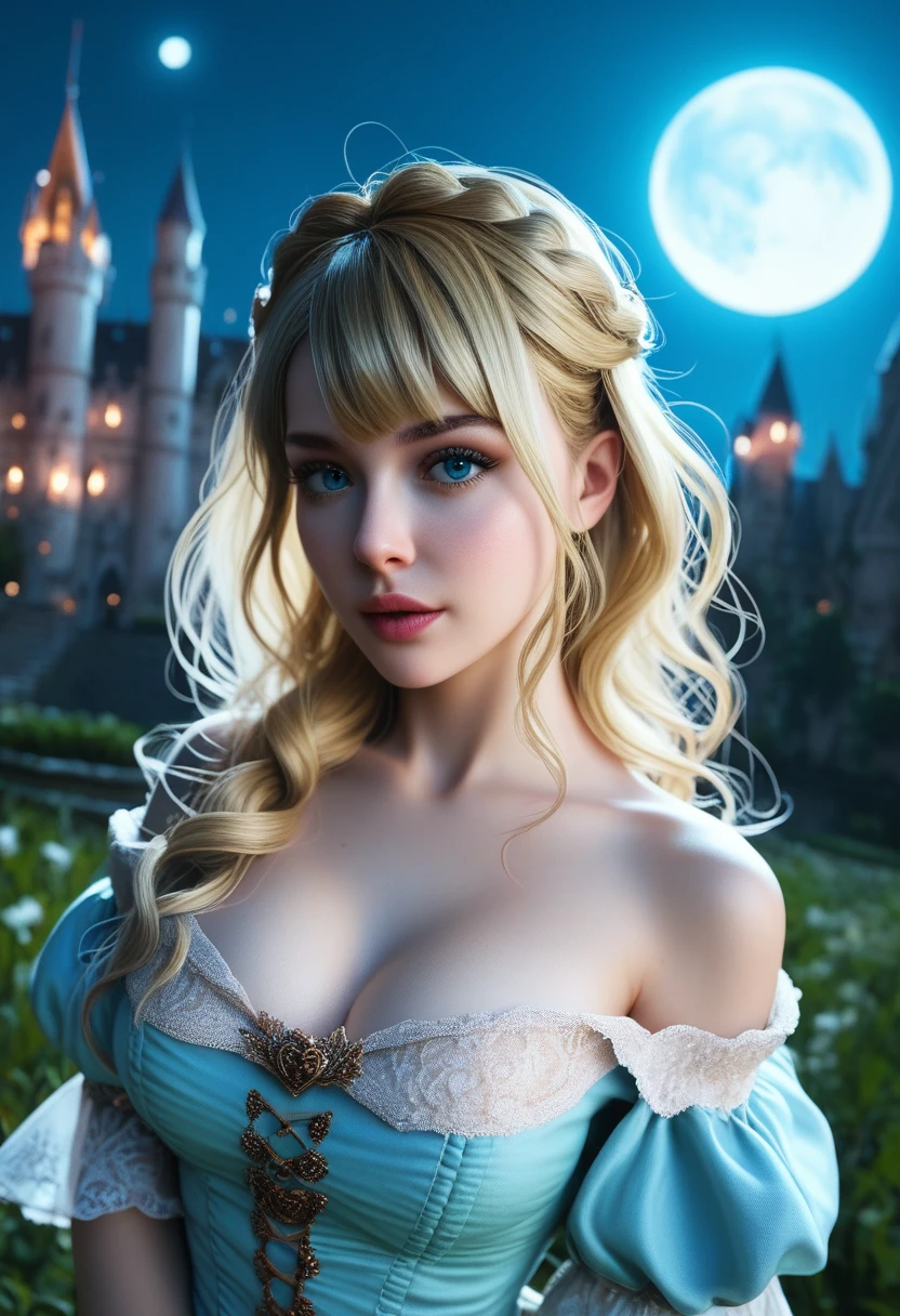 score_9, score_8_above, score_7_above, 1girl, realistic, blonde long hair with bangs, blue_eyes, realistic skin texture, detailed picture, upper_body, HD32k, royal_garden, medieval_castle, elegant_green_dress, off_shoulder_dress, moonlight, night, fullmoon, torogao