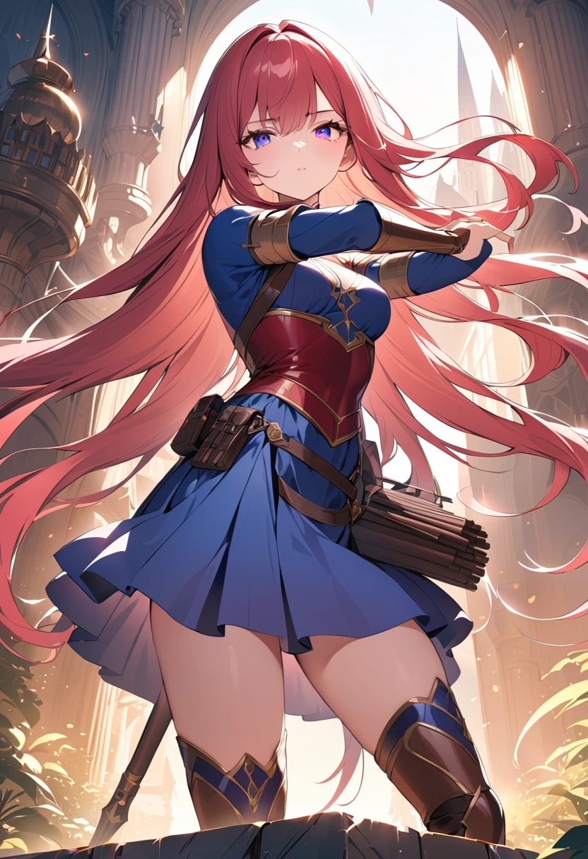 a high fantasy archer, elegant medieval archer, intricate dramatic archer pose, stunning detailed face, piercing eyes, beautiful flowing hair, ornate bow and quiver, dramatic lighting, rich fantasy colors, cinematic composition, masterpiece, ultra-detailed, photorealistic